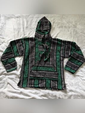 Green and Gray Striped Hooded Crewneck Pullover